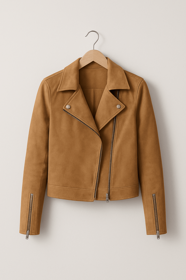 Chic women's cropped zip-up jacket, a classic biker style, ideal for street-style outfits.