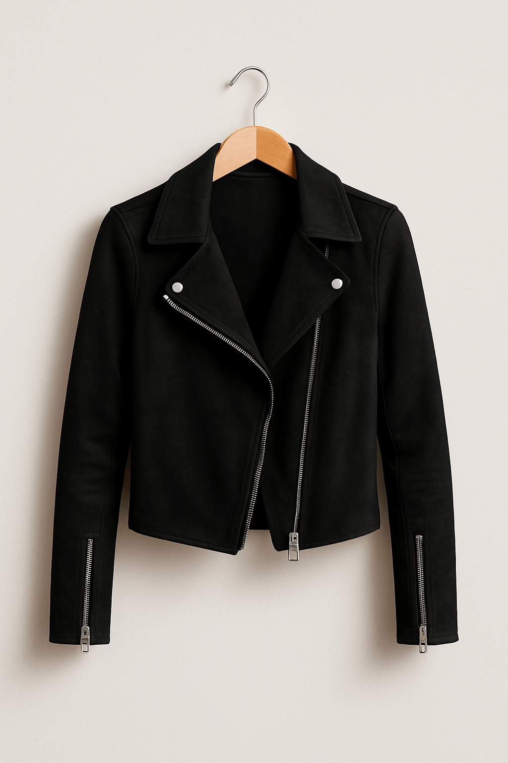 Women's versatile cropped biker jacket, black, with a practical zip closure for daily wear.