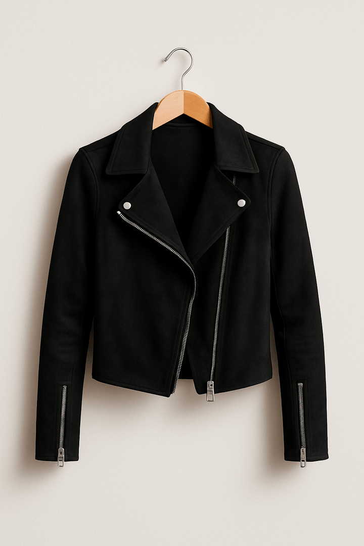 Women's versatile cropped biker jacket, black, with a practical zip closure for daily wear.