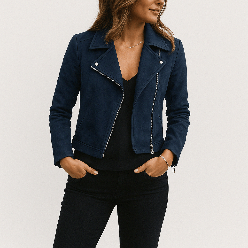 Stylish black women's moto jacket, cropped fit, front zip, perfect for modern layering.