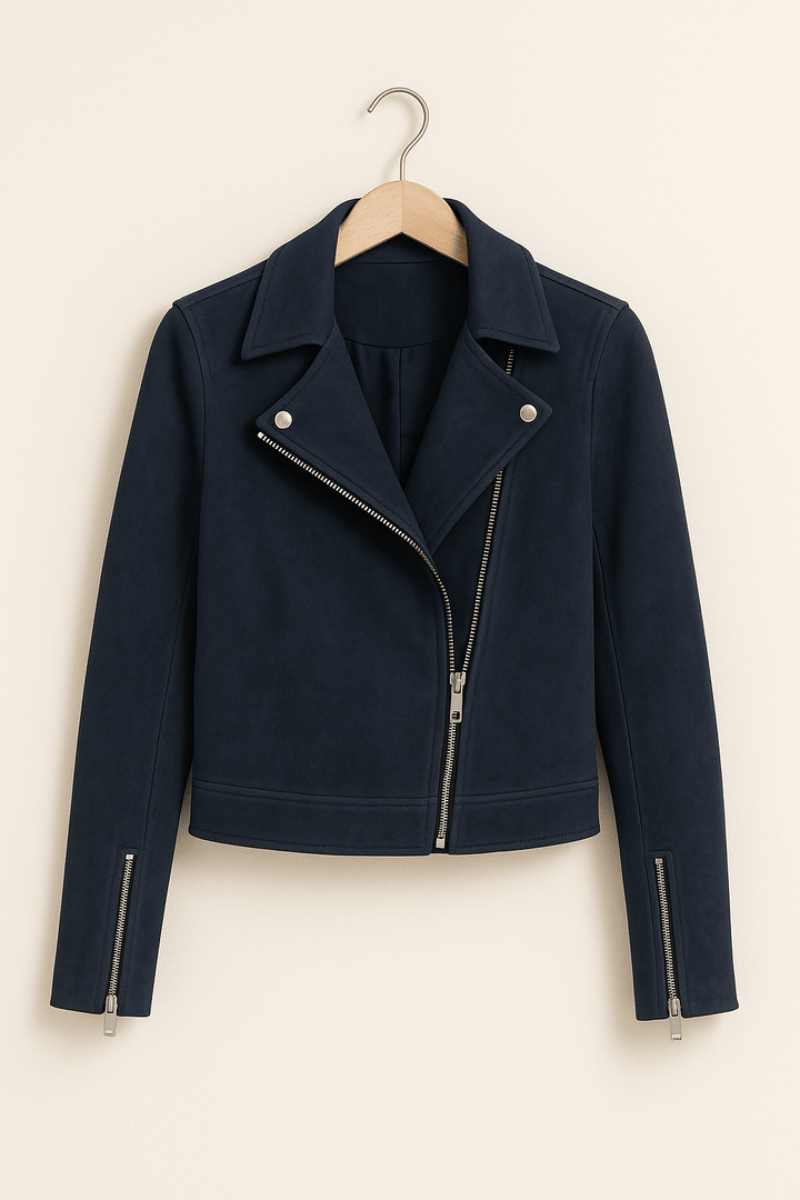 Women's chic cropped zip-up biker jacket in black, ideal for edgy spring and autumn style.