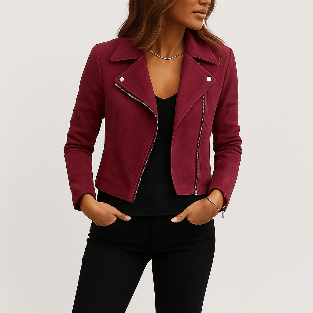 Fashionable women's moto jacket, black, cropped design with zip-up, essential outerwear.