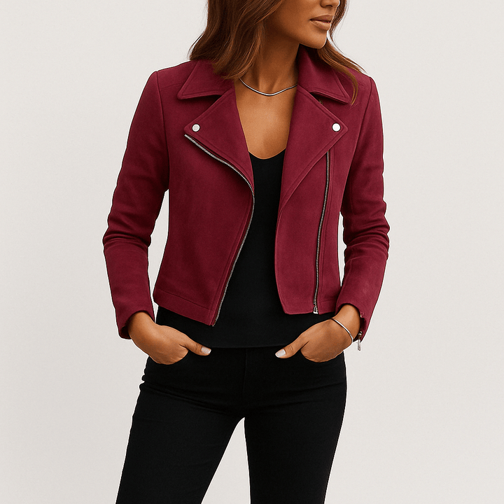 Fashionable women's moto jacket, black, cropped design with zip-up, essential outerwear.