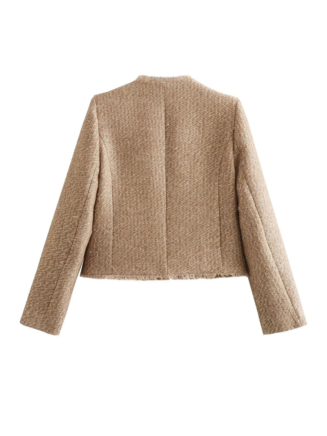 Stylish women's black tweed cropped blazer, single-breasted with front buttons, a perfect casual chic spring jacket.
