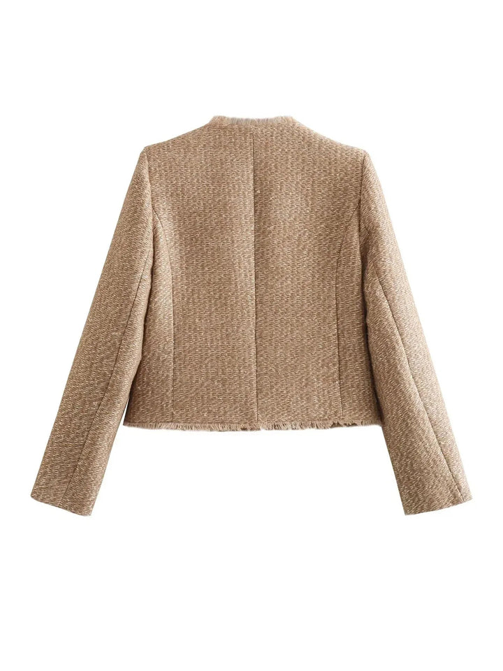 Stylish women's black tweed cropped blazer, single-breasted with front buttons, a perfect casual chic spring jacket.