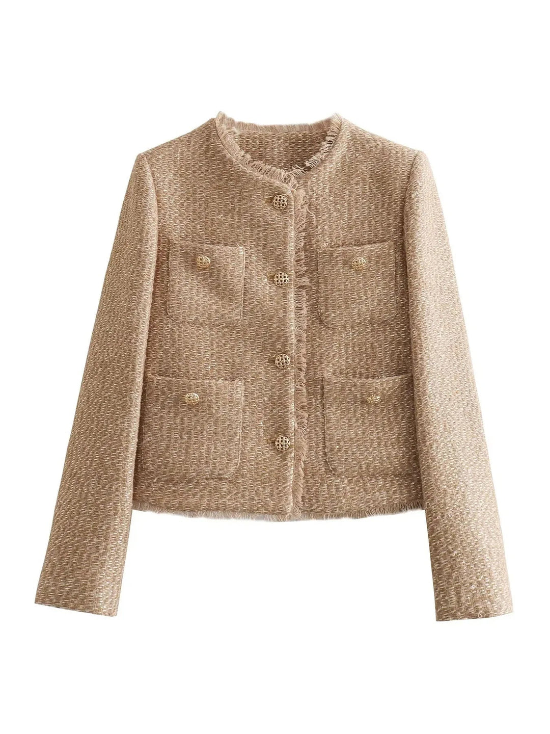 Elegant women's black tweed cropped blazer jacket, detailed with multiple front buttons, suitable for modern workwear.