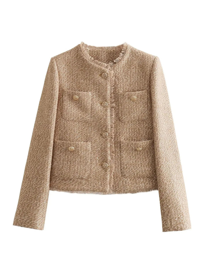 Elegant women's black tweed cropped blazer jacket, detailed with multiple front buttons, suitable for modern workwear.