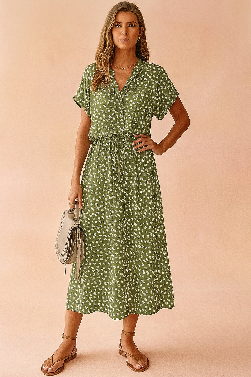 Elegant polka dot boho midi dress for women. Flowy summer style, ideal for beach, vacation, or casual outing.