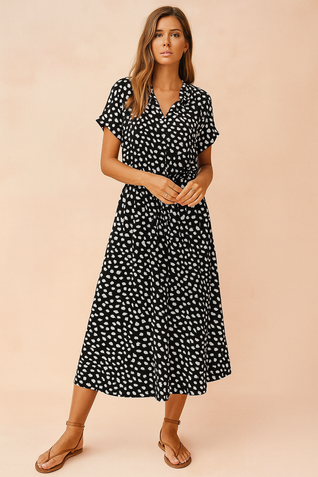 Collared tie-waist midi dress for women. Chic boho style, perfect as a summer party, beach, or vacation dress.