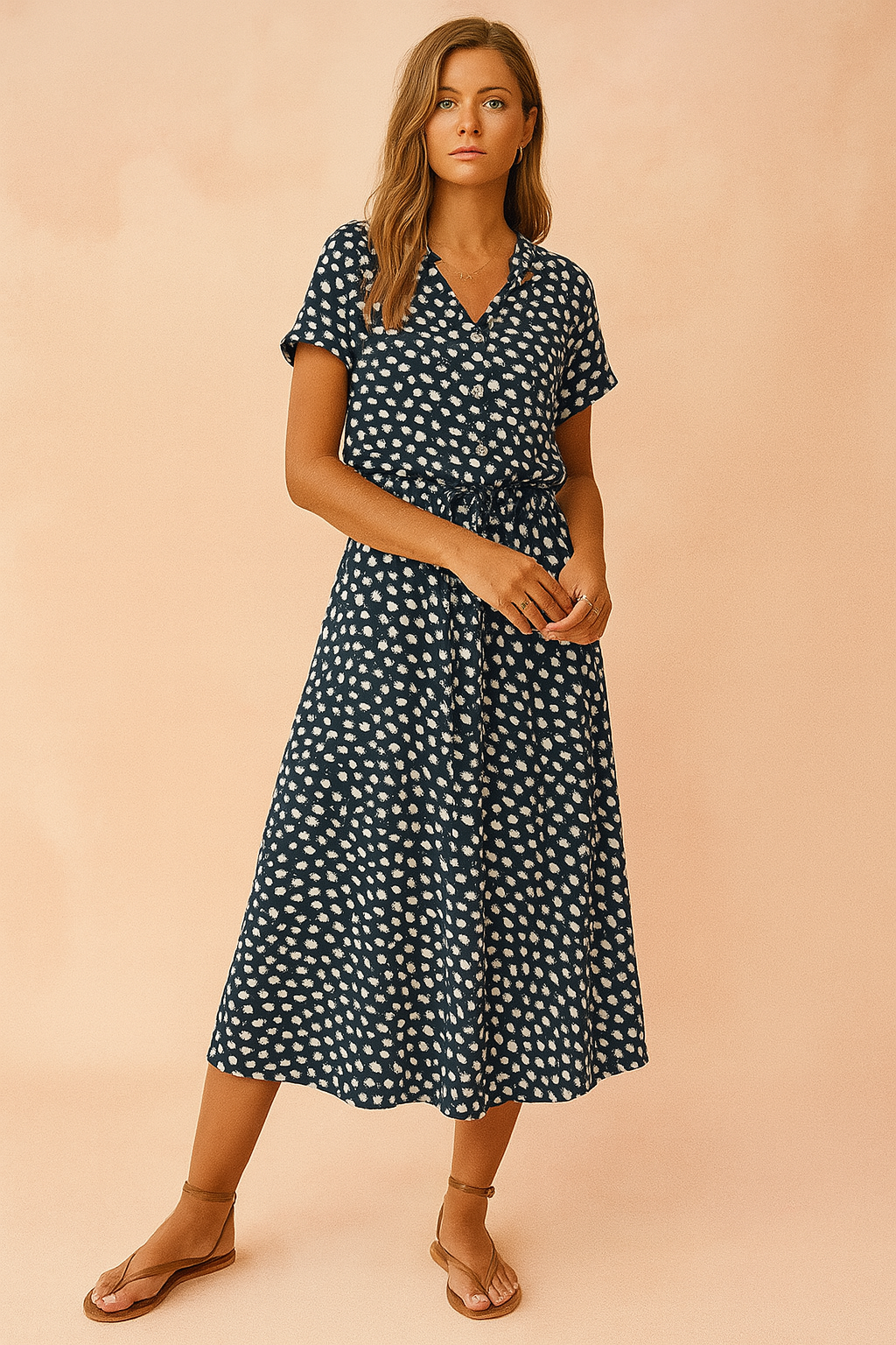 Stylish women's boho midi dress with a flattering tie-waist. Flowy design, perfect for summer and vacation.