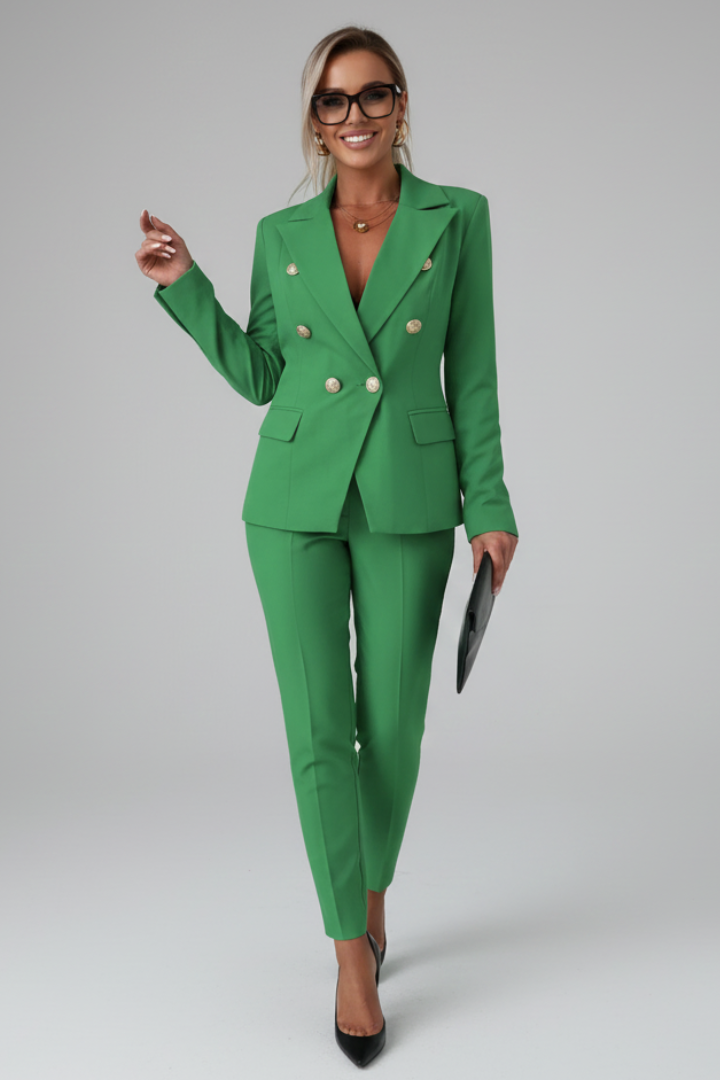 Summer-ready women's double-breasted suit, a lightweight and chic two-piece outfit.