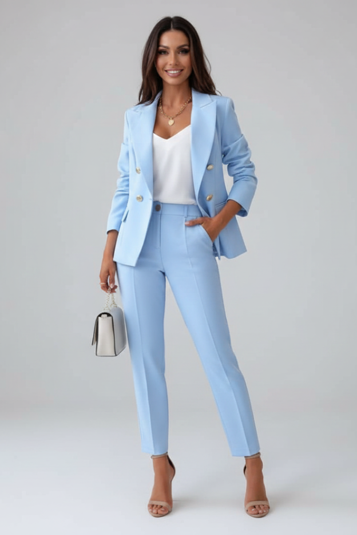 Elegant double-breasted blazer & matching trousers for women, a modern two-piece outfit.
