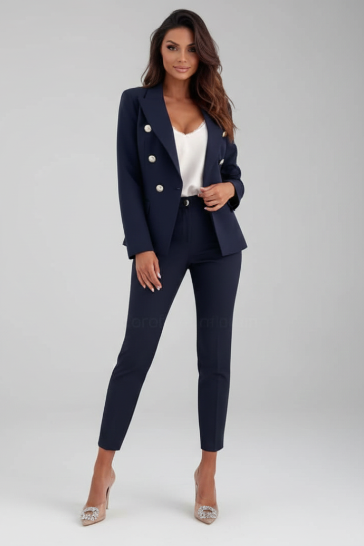 Back view of a women's double-breasted suit, highlighting the tailored fit & elegant silhouette.
