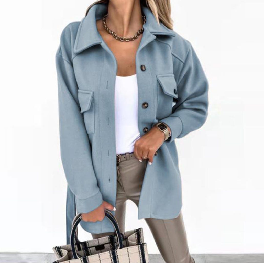 Fashionable women's wool blend shacket, ideal for layering and adding a chic touch to any outfit