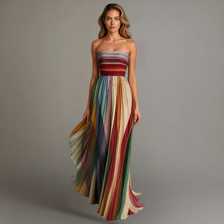Women's Chic Holiday Glam strapless multicolor pleated maxi dress for summer evening parties