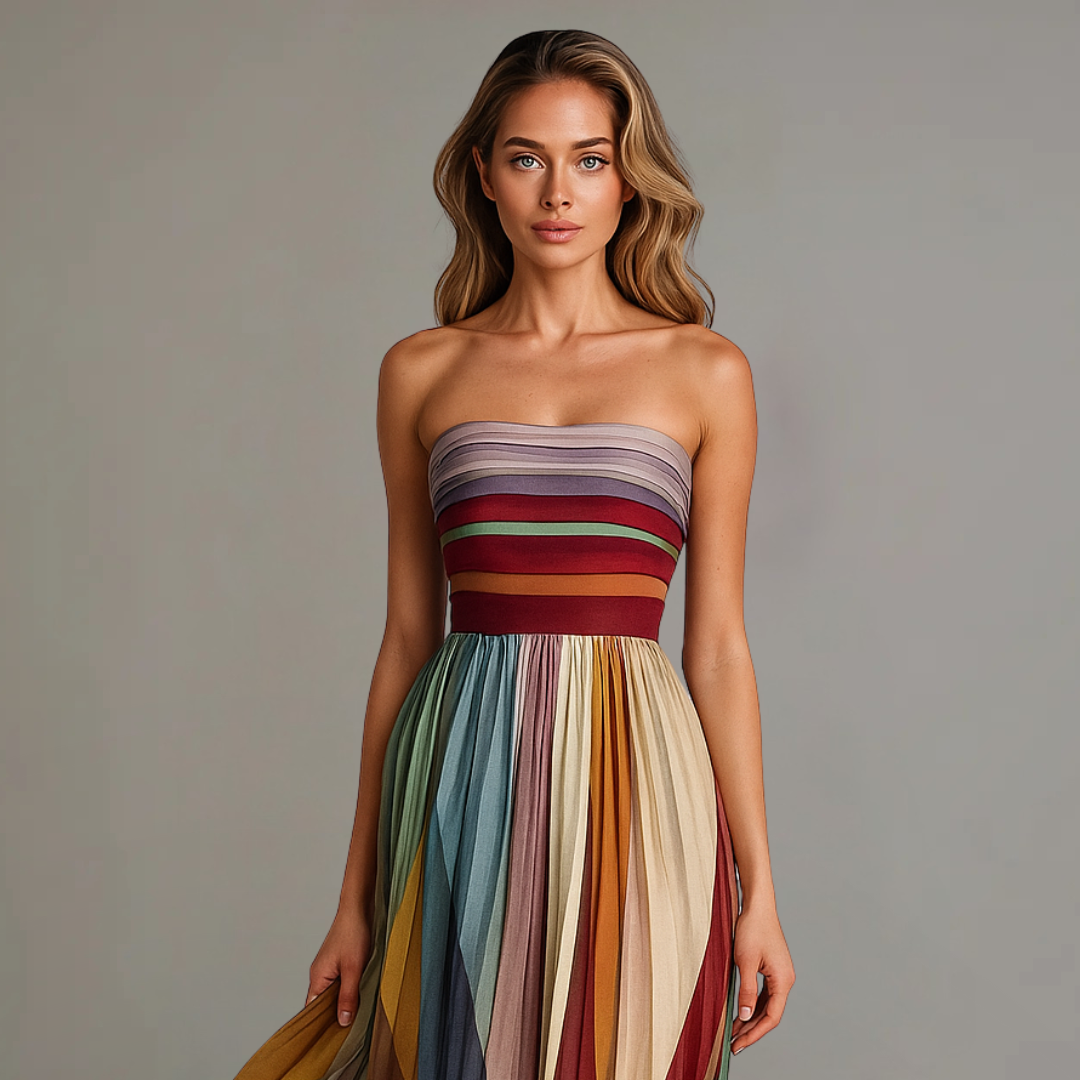 Elegant strapless pleated maxi dress with vibrant holiday glam colors for women's party wear