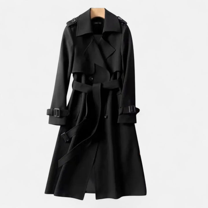 Women's chic mid-length trench coat with tie-waist for elegant fall and spring style.