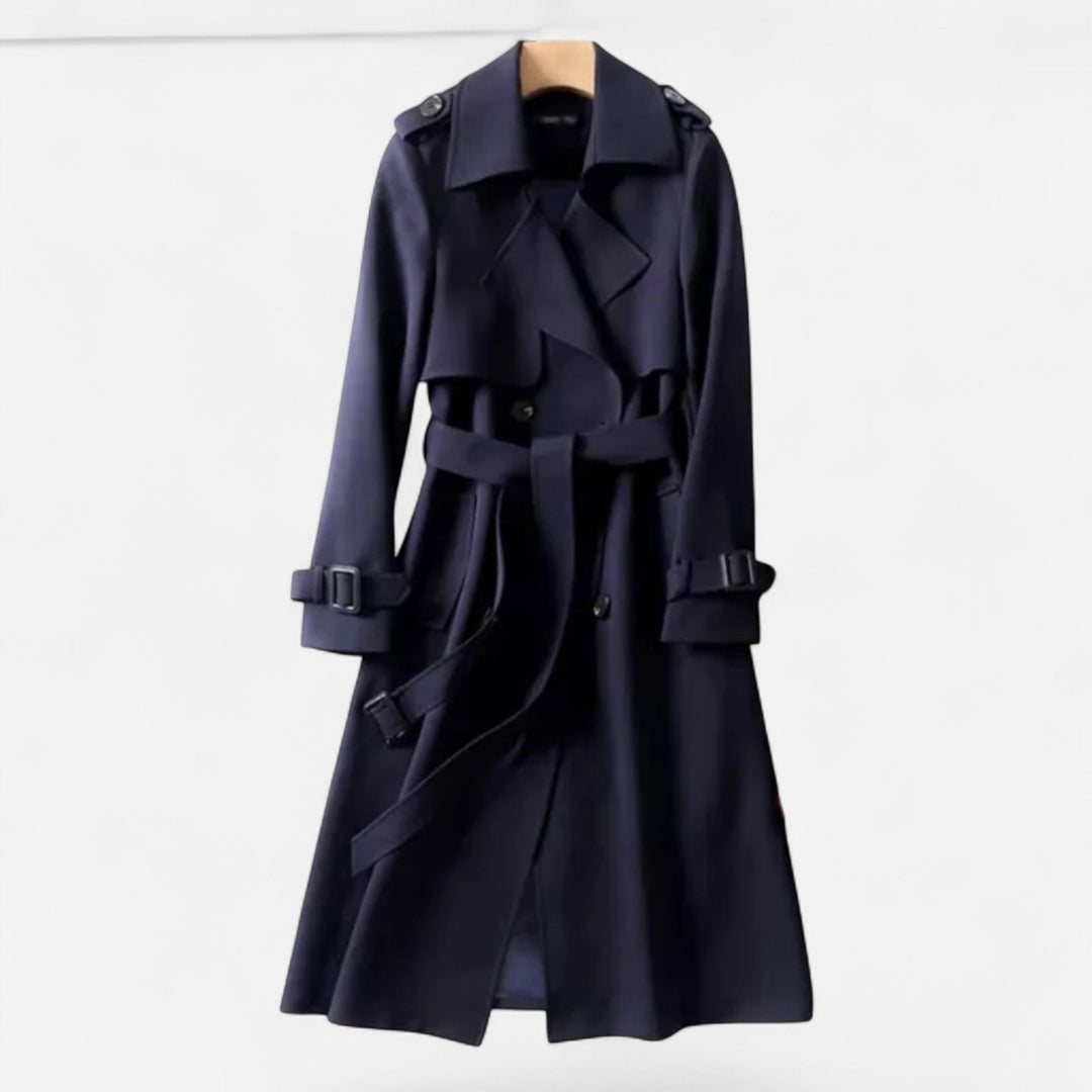 Fashionable women's tie-waist mid-length trench coat, classic and versatile for all seasons.