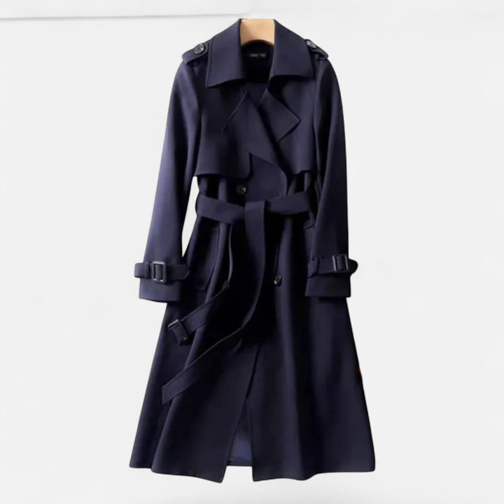 Fashionable women's tie-waist mid-length trench coat, classic and versatile for all seasons.