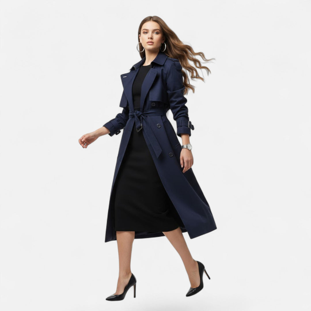 Women's elegant mid-length trench coat, featuring a tie-waist for a flattering silhouette.