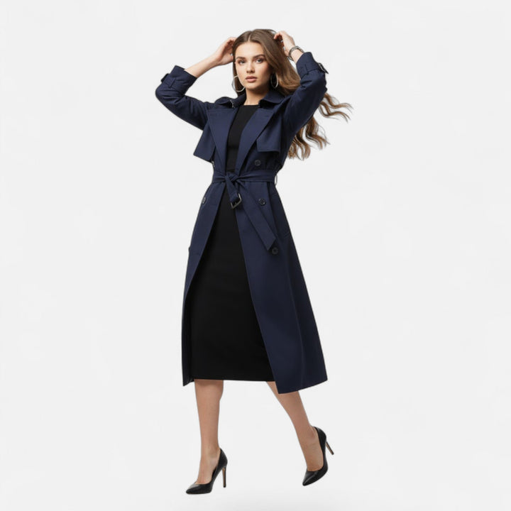 Classic women's outerwear: a chic mid-length trench coat with a stylish tie-waist design.