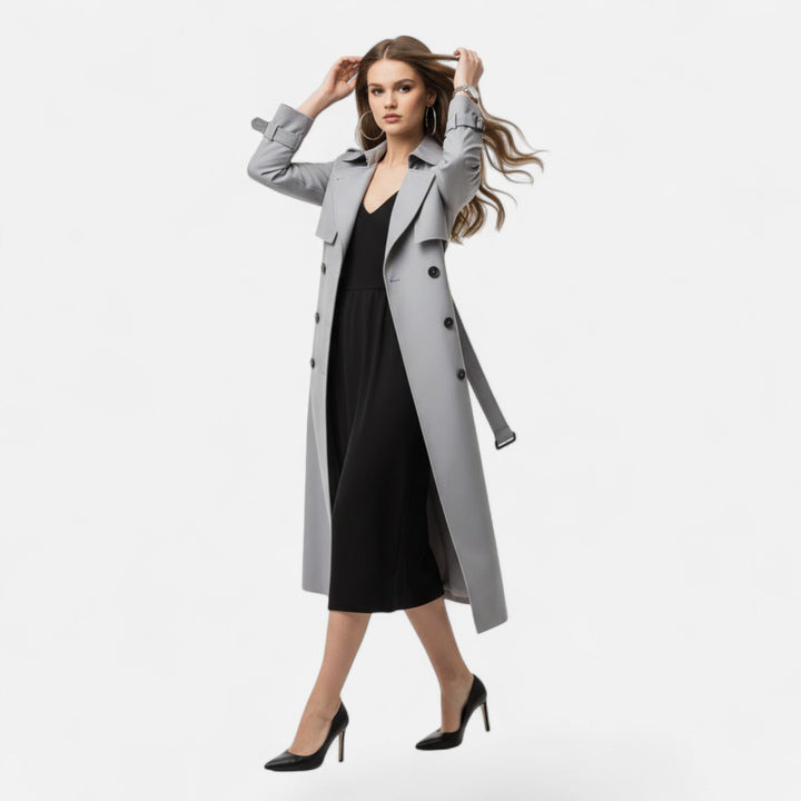 Chic women's mid-length trench coat, sophisticated tie-waist design for timeless elegance.