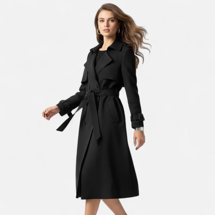 Sophisticated women's tie-waist mid-length trench coat, perfect versatile outerwear.