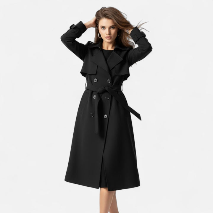 Classic women's mid-length trench coat with tie waist, a chic addition to any wardrobe.