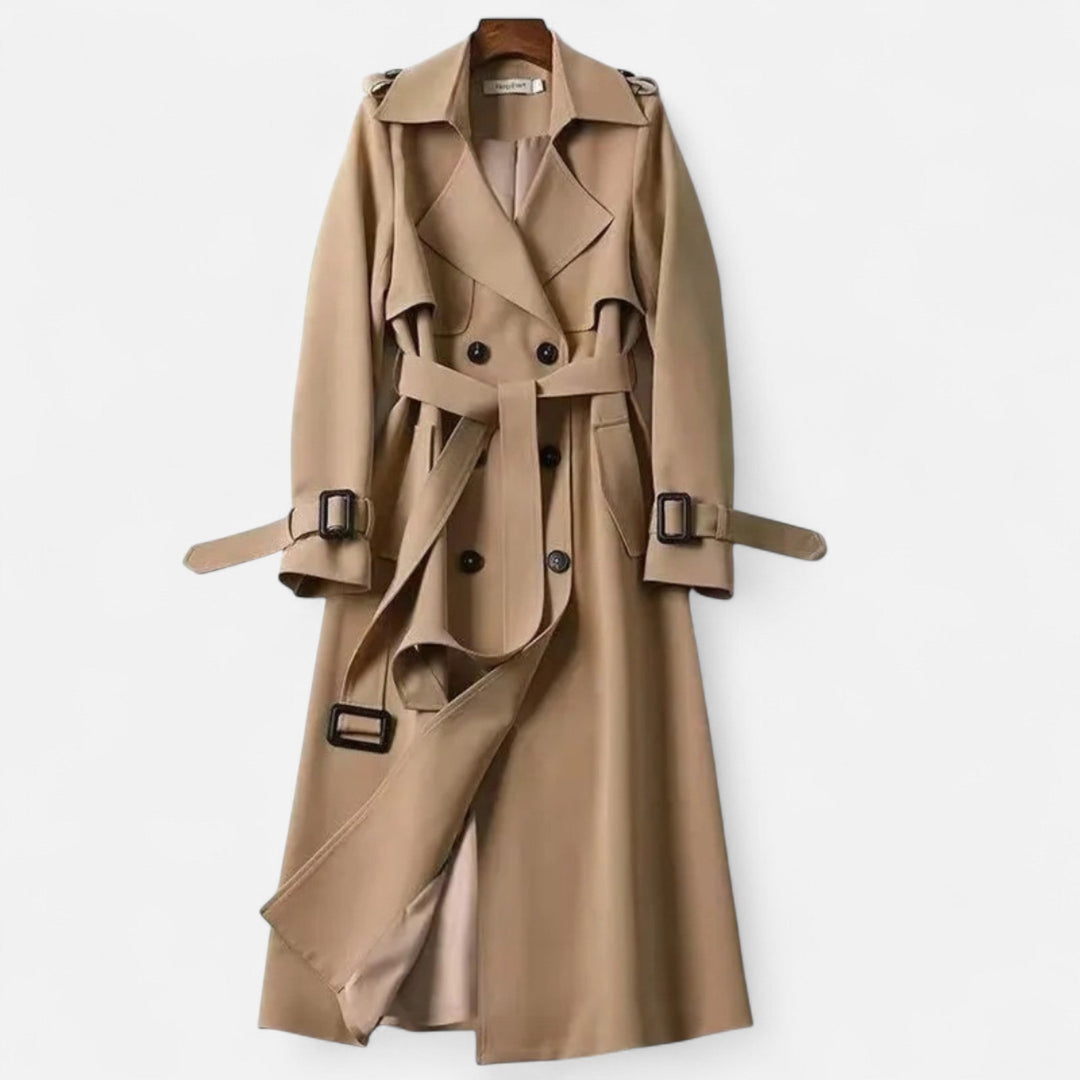 Elegant women's tie-waist trench coat, mid-length design for fall and spring fashion.