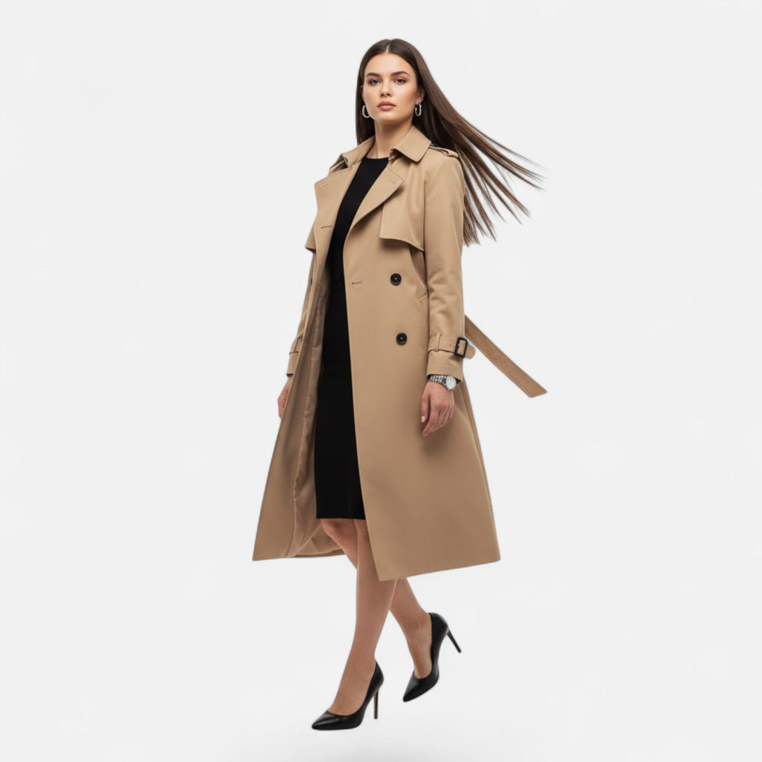 Stylish women's mid-length trench coat with an adjustable tie-waist, perfect for outerwear.