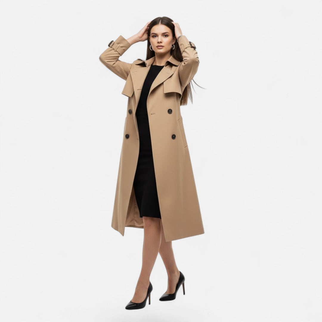 Versatile women's trench coat, mid-length and tie-waist, ideal for sophisticated style.