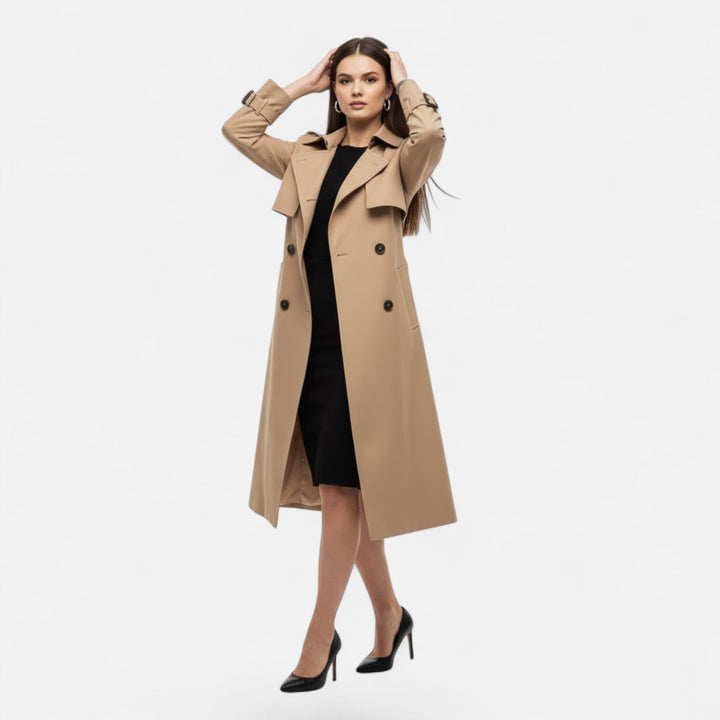 Versatile women's trench coat, mid-length and tie-waist, ideal for sophisticated style.