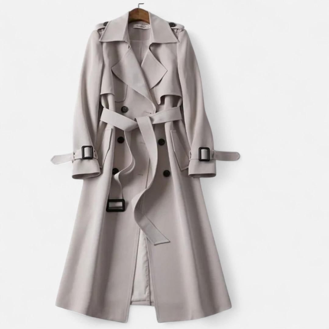 Chic women's fall trench coat, mid-length silhouette with a flattering tie-waist detail.