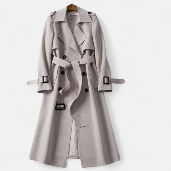 Chic women's fall trench coat, mid-length silhouette with a flattering tie-waist detail.