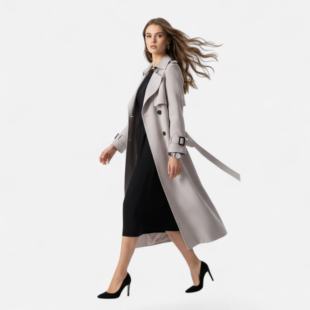 Women's spring trench coat, elegant mid-length design with a stylish tie-waist closure.