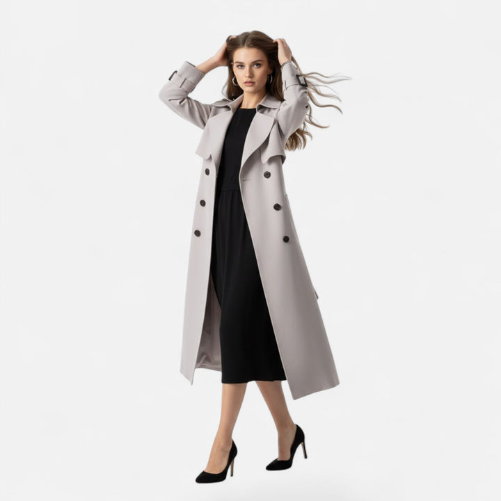 Sophisticated women's mid-length outerwear trench coat with a chic tie-waist detail.