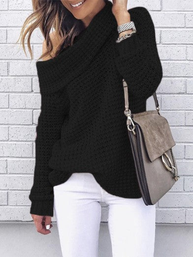 Women's chic off-shoulder oversized knit sweater for fall. Comfortable long-sleeve autumn apparel.