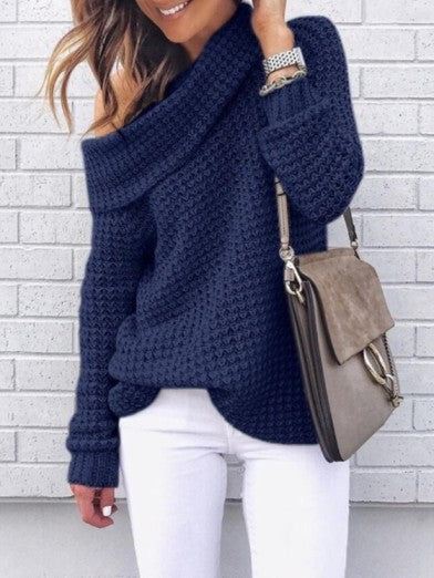 Stylish women's off-shoulder oversized sweater. Chic long-sleeve knit top, ideal for versatile fall outfits.