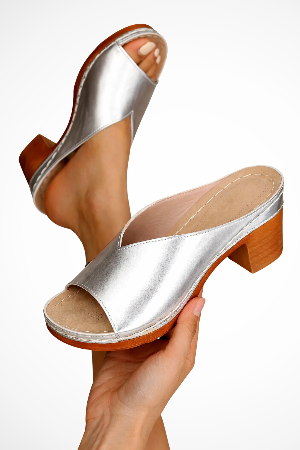 Fashionable women's open-toe block heel mules, trendy slip-on shoes for an elegant look.
