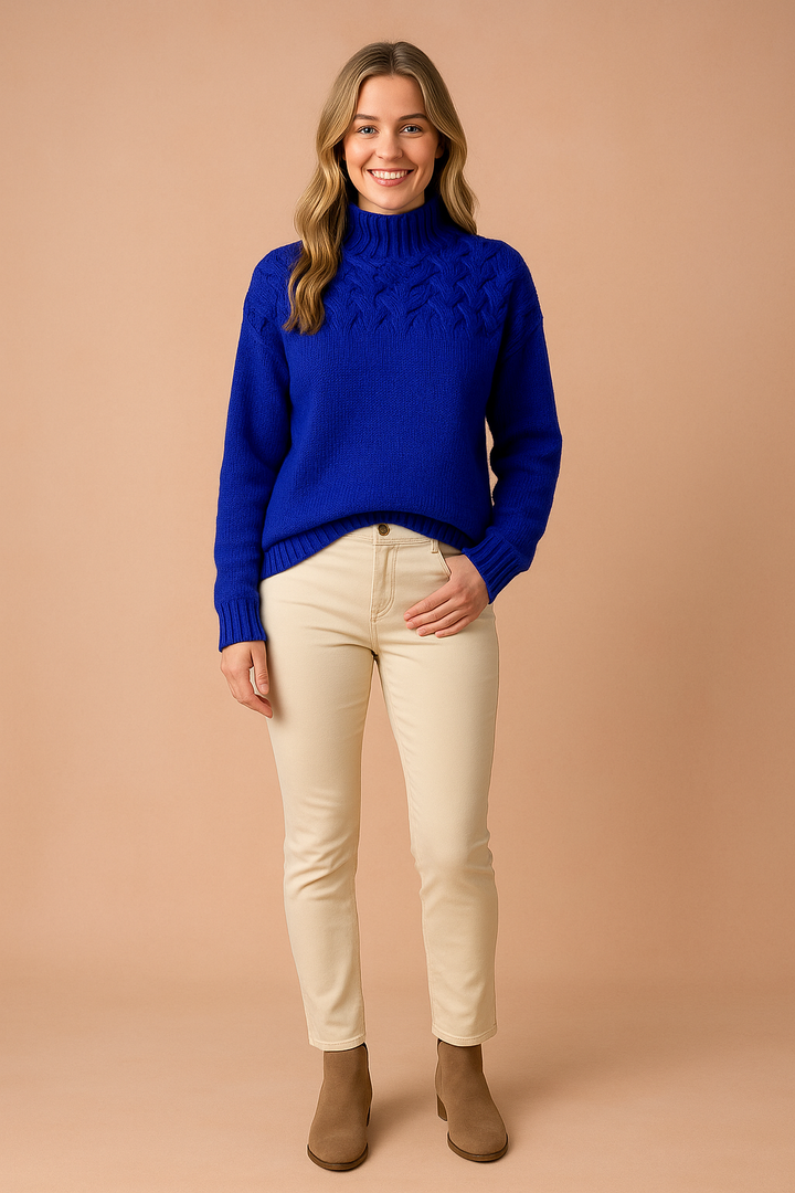 Women's chic patterned stand-up collar sweater, a stylish long-sleeve pullover for elegant winter fashion.