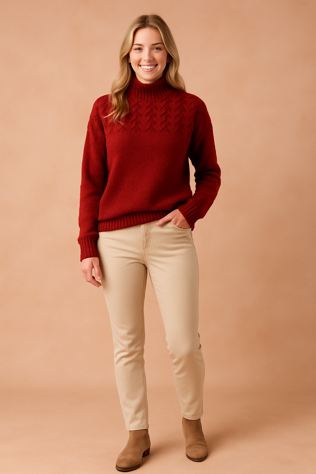 Stylish women's patterned knit sweater with a stand-up collar, unique design perfect for cozy everyday wear.