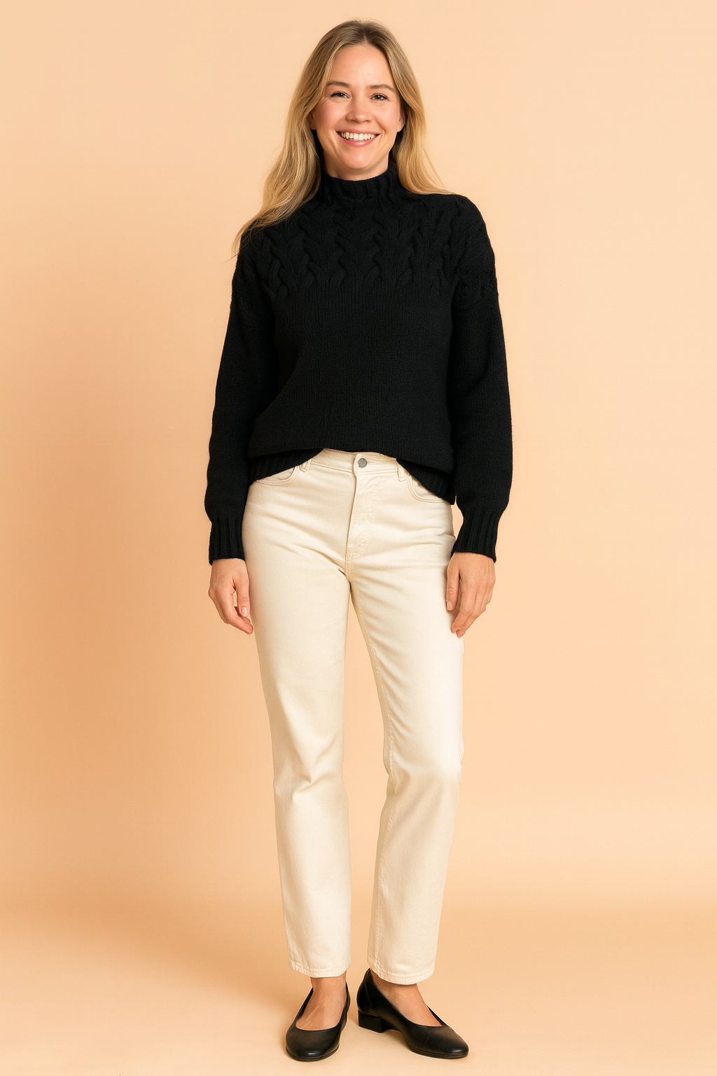 Cozy women's patterned stand-up collar sweater. A warm, stylish long-sleeve pullover for winter fashion.