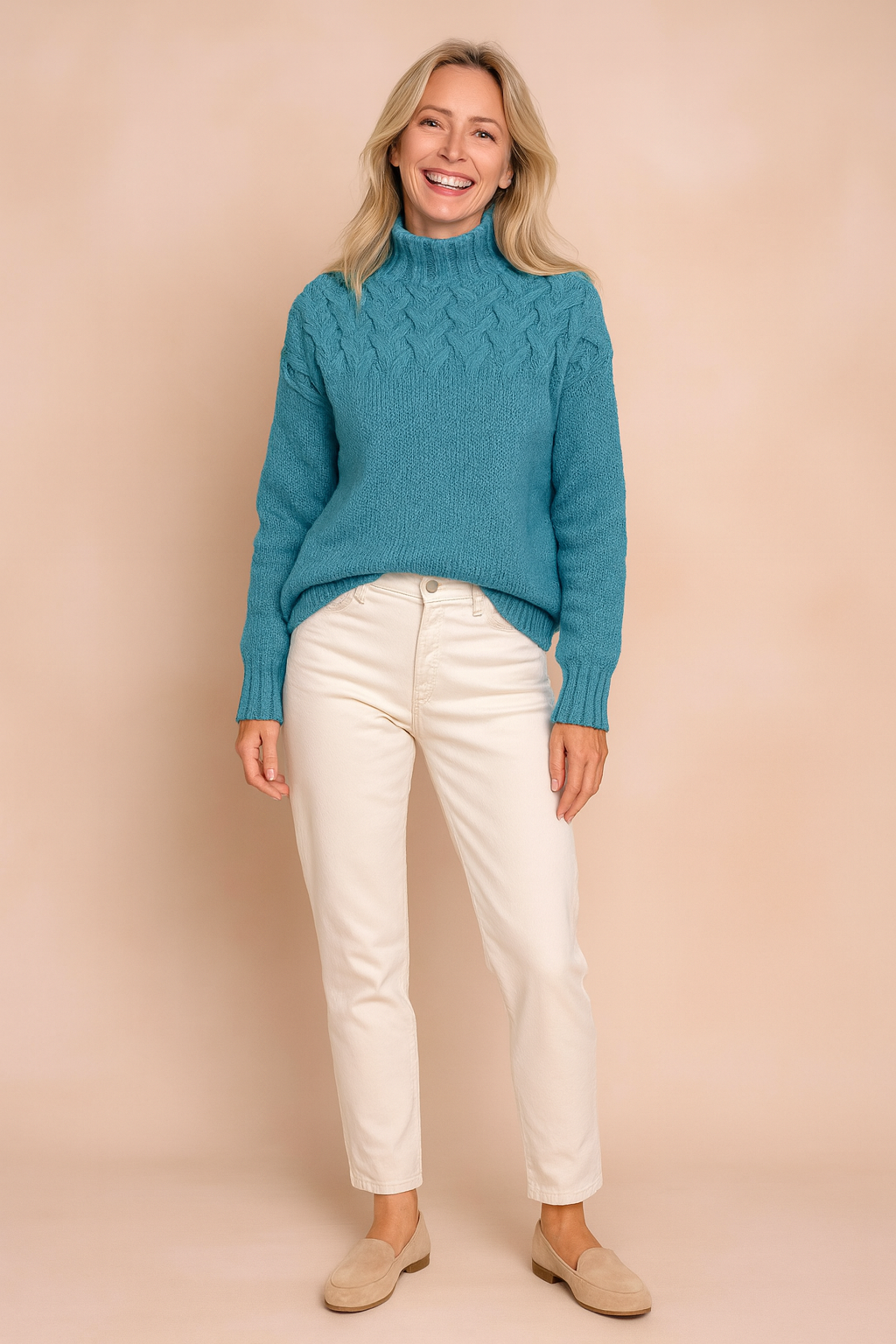 Chic women's patterned knit sweater, featuring a stand-up collar & long sleeves, ideal for stylish everyday wear.