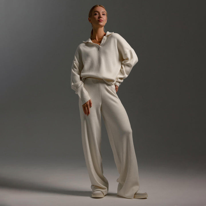 Women's chic relaxed lounge set: collared short-sleeve top & matching wide-leg pants in soft fabric