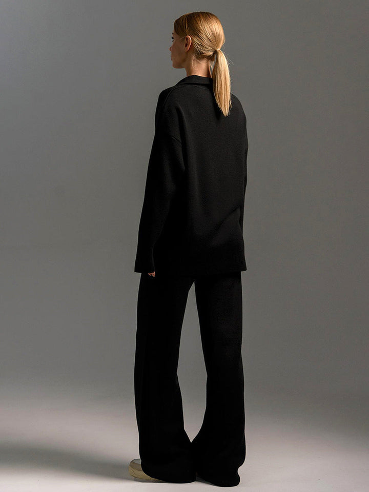 Comfortable women's two-piece loungewear set with collared button-front top and relaxed fit pants