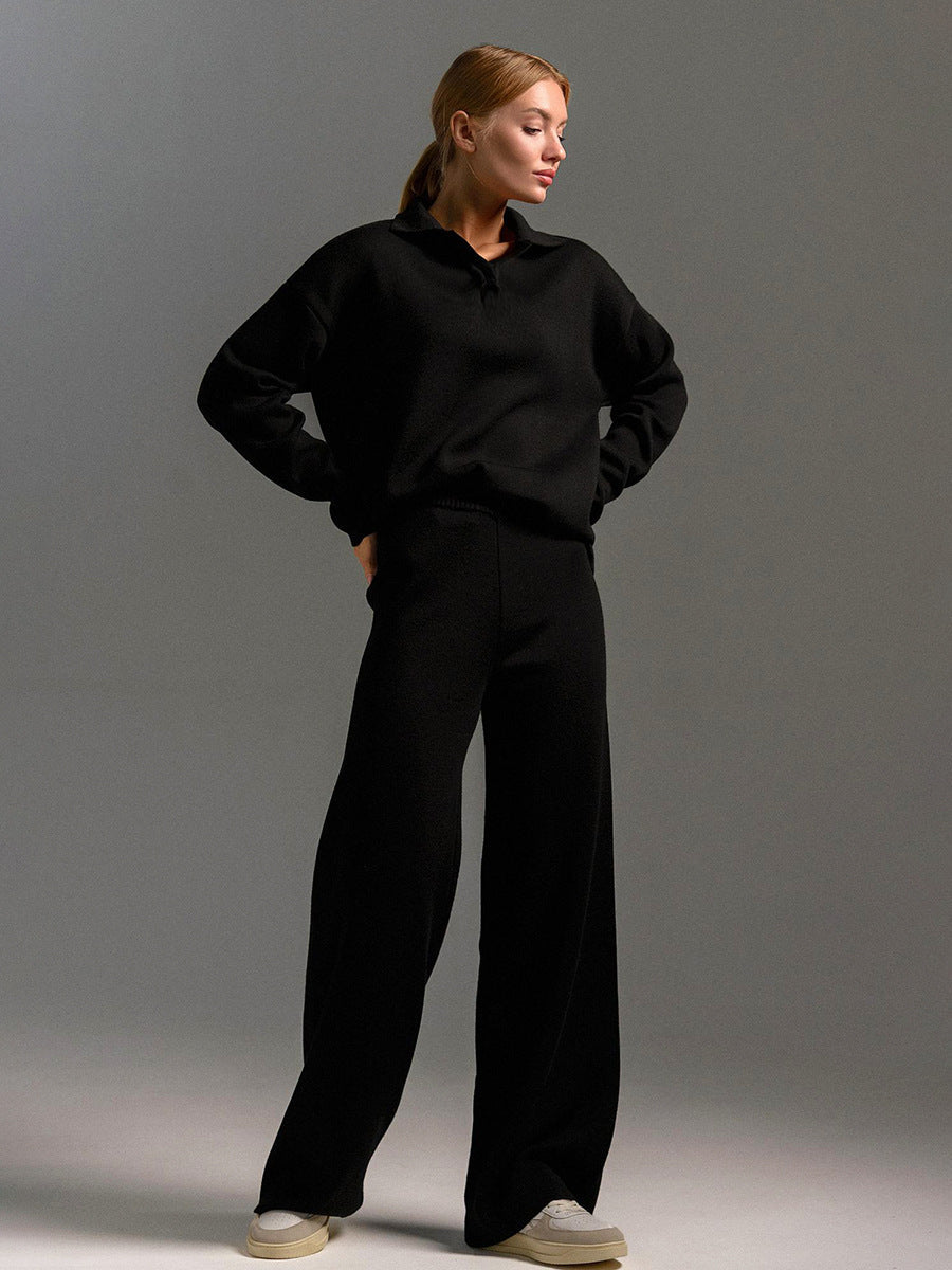 Casual women's apparel: relaxed lounge set featuring a collared short-sleeve shirt and wide-leg trousers