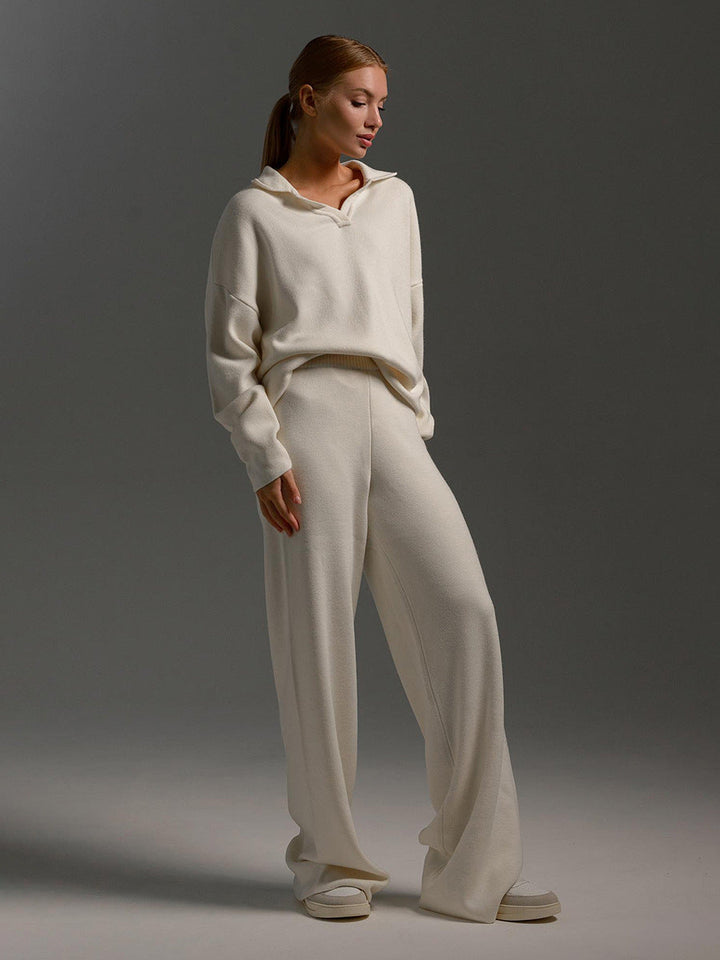 Full view of women's relaxed collared lounge set, showcasing the comfortable fit and chic design