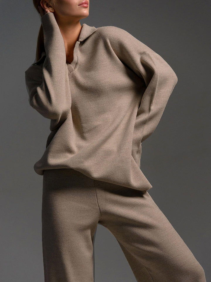 Model wearing a women's collared two-piece relaxed lounge set, ideal for sophisticated casual comfort