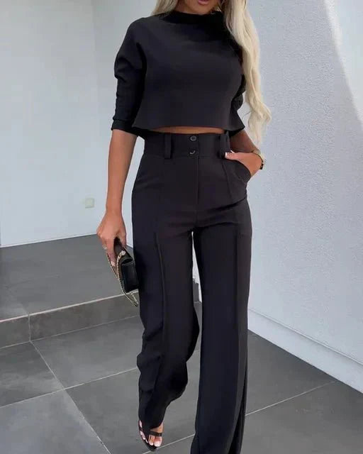 Women's chic rib-knit cropped top and wide-leg pants set, perfect for casual chic comfort wear.