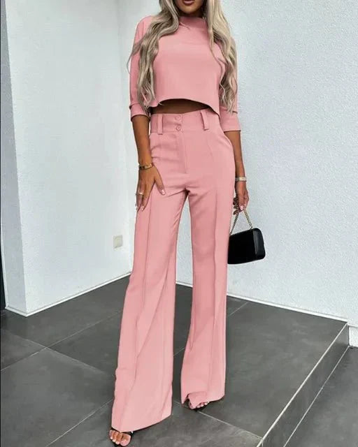 Rib-knit cropped top and wide-leg pants set, offering stylish women's comfort wear and casual chic.
